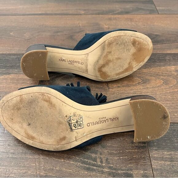 Karl Lagerfeld Paris Blue Suede Hettie Tassel Slip On Mule Heel Size 5.5 - Picture 5 of 12